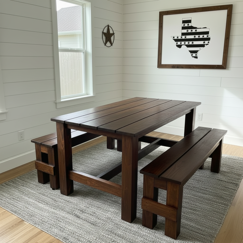 THE HOWDY - Farmhouse White & Walnut 3-Piece Indoor/Outdoor Bench Table Dining Set