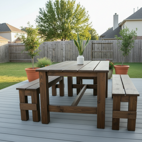 THE COUNTRY WALNUT - Farmhouse Walnut 3-Piece Outdoor Bench Table Dining Set